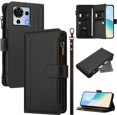 Produktbild von Handyhülle für ZTE Blade V50 Vita Reißverschluss Geldbörse Kunstleder Klapphülle mit Kartensteckplatz, Ständer, Handschlaufe Schwarz