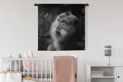 Produktbild von MuchoWow® Wandteppich Wandbehang Schmetterling - Tiere - Affe - Schwarz - Weiß 90x90 cm Tapisserie Dekoration Wandtuch - Wandaufhänger