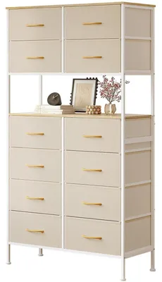 Image de Commode avec 12 tiroirs en tissu, meuble de rangement, partie centrale ouverte, structure métallique, couleur beige, dimensions : 80 x 35 x 163 cm