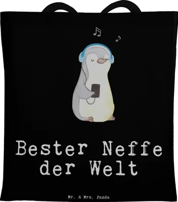 Produktbild von Mr. & Mrs. Panda Einkaufstüte Pinguin Bester Neffe der Welt - Schwarz - Geschenk, Taufe, Shopping Tasche, Tote Bag, Jutebeutel, Geschenkidee, Schultasche, Onkel, Tante