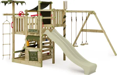 Image de FATMOOSE Tour d'escalade CrazyCoconut avec balançoire & toboggan, jeu de jardin avec échelle & accessoires de jeu - vert sauge / vert olive