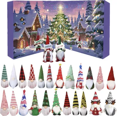 A Christmas-themed advent calendar box with gnomes and a winter village scene, with a collection of 24 gnome figurines displayed below.