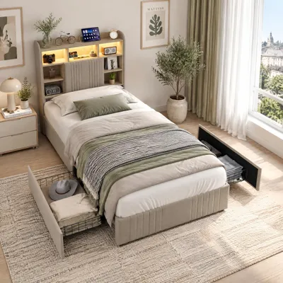 Image de Lit une place 90x200 avec rangement, design moderne, éclairage LED, fonction de charge USB, lit pour adolescents avec 2 tiroirs, revêtement en lin, sans matelas, couleur beige