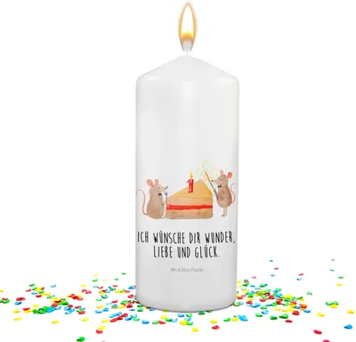 Produktbild von Mr. & Mrs. Panda Geburtstagskerze 1. Geburtstag Mäuse Kuchen - Weiß - Geschenk, Geburtstagslicht, motivkerze, geschenkkerze, Kuchenliebe, Happy Birthday, Partykerze