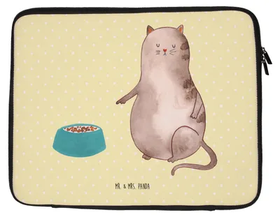 Produktbild von Mr. & Mrs. Panda Laptop Tasche Katze Fressen 27 x 36 cm - Gelb Pastell - Geschenk, Schutzhülle, Laptoptasche, Hülle, Sleeve, Laptophülle