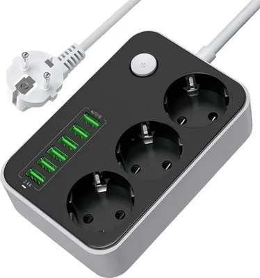 Immagine prodotto di FORSMANO Ciabatta elettrica a 3 prese con 6 USB, spina piatta e interruttore, protezione da sovratensione, cavo da 1,6 m, 2500 W, ricarica rapida, ignifuga e antiruggine