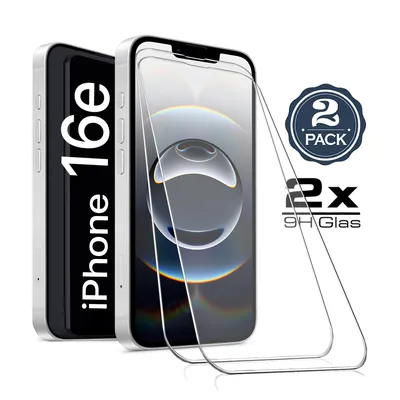 A product shot of two iPhone screen protectors, one on a phone and one separate, with packaging details.