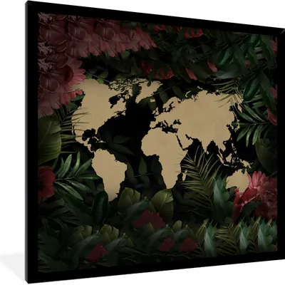 Produktbild von MuchoWow® MuchoWow® Gerahmtes Poster Weltkarte - Pflanzen - Blumen 40x40 cm - Poster mit zchwarzem Bilderrahmen - Mit Rahmen - Wanddekoration Schlafzimmer