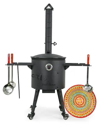 Produktbild von Utschak Feuerofen Ø 40 cm + Gusseisen-Kasan 12 L, runder Boden + Küchenzubehör, Usbekischer Kochtopf aus Gusseisen