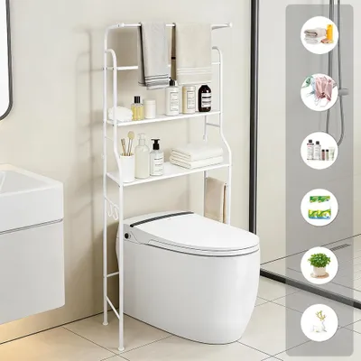 Produktbild von WC Regal über Toilette Mit Handtuchstange Metall Badregale 160x46x25cm Standregal Weiß