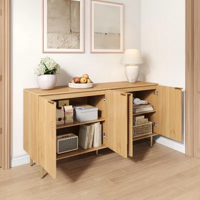 Produktbild von okwish Sideboard Wohnzimmerschrank Flurschrank mit Holzmaserung und Stauraum,Küchenschrank Anrichte mit verstellbaren Einlegeböden und Metallbeine,Natur