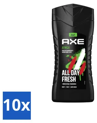 Zdjęcie produktu dla 10 sztuk żelu pod prysznic 3 w 1 Axe Africa - mandarynka i drzewo sandałowe - 250 ml - zestaw ekonomiczny