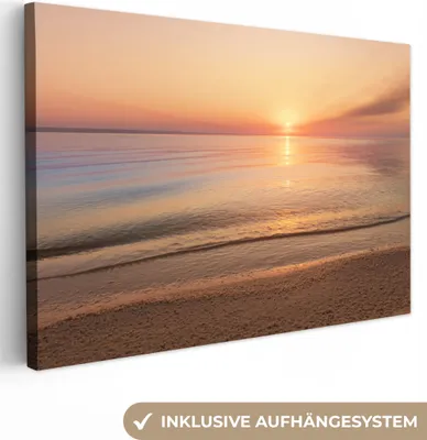 Produktbild von MuchoWow® - Leinwandbilder - Strand - Meer - Rosa - Sonnenuntergang, Wandbild, Wanddeko Bilder Wohnzimmer, 120x80 cm