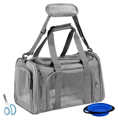Produktbild von Transportbox für Katzen und Hunde, faltbare Transporttasche, atmungsaktive Katzentransportbox mit Schultergurt und waschbarem Kissen (Grau L)