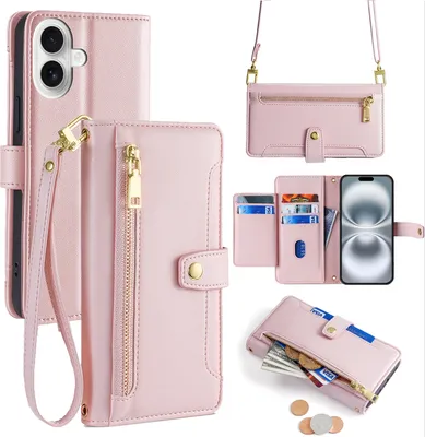 Produktbild von Handykette für iPhone 16 – Kunstleder Hülle mit Band, Kartenfächer & Umhängetasche Rosa