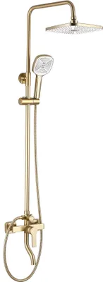 A gold-colored shower fixture set against a white background.