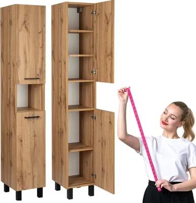 A woman is holding a measuring tape next to a tall cabinet. The cabinet is shown in two views: one closed and one open, revealing shelves. The background is plain white.