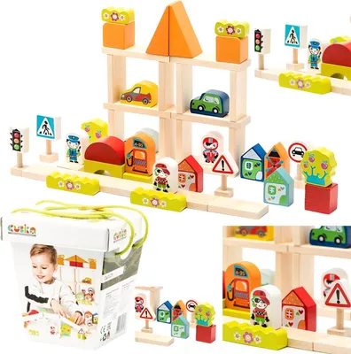 Zdjęcie produktu dla Zestaw Klocki Drewniane Budowalne Edukacyjne Pojazdy Autka Znaki Drogowe