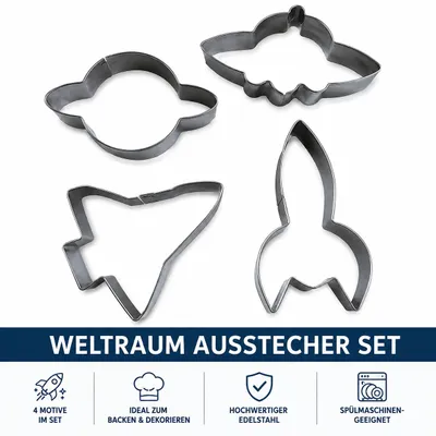 Produktbild von 4er Set Weltraum Ausstecher – Rakete, UFO, Planet & Raumschiff – Edelstahl Plätzchenausstecher für Kekse & Backen, KI-generiertes Bild