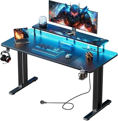 Productafbeelding van Gaming-tafel met LED-verlichting, 160 x 60 cm. Gaming-bureau met 3 stopcontacten en 2 USB-poorten, computerbureau met monitorstandaard, stabiel gaming-bureau voor kantoor en gaming, zwart