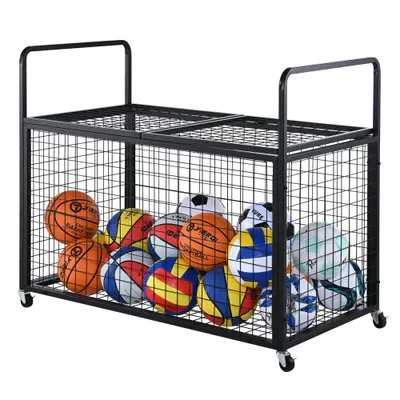 A black metal ball cart filled with various sports balls, including basketballs, volleyballs, and soccer balls, is shown against a white background.