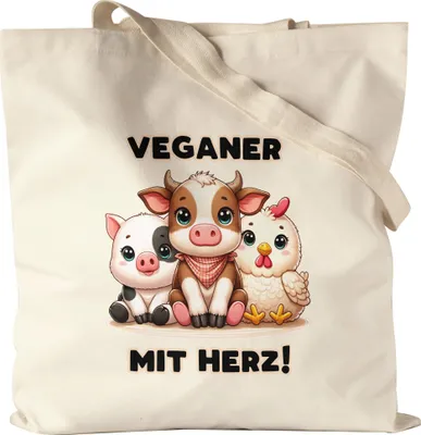 Produktbild von Veganer mit Herz Süße Tiere Jutebeutel - Liebevolles Vegan Geschenk