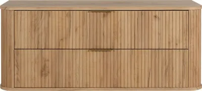 A front view of a wooden bathroom cabinet with two drawers and gold handles.