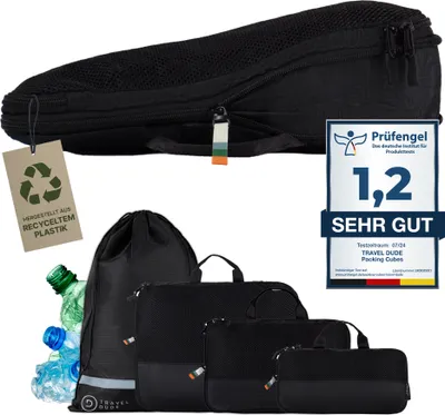 Produktbild von TRAVEL DUDE Packwürfel Set mit Kompression aus recycelten Plastikflaschen | Leichte Packing Cubes | Packtaschen Set (Schwarz, 4-teilig)