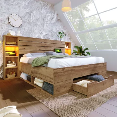 Produktbild von MODFU Doppelbett Massivholzbett 180×200cm mit LED-Beleuchtung und USB C Stauraum-Kopfteil und Schubladen, Bettgestell mit Lattenrost, Eiche(Ohne Matratze)