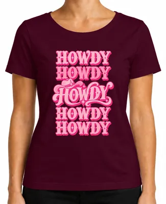 Immagine prodotto di Maglietta da donna a tema country western con la scritta "Howdy Dolly Parton Cowgirl" e un'immagine retrò, colore bordeaux, taglia XXL