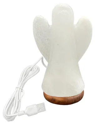Produktbild von HAF Beleuchtete USB Salzlampe ENGEL Weiß aus Kristallsalz – Handgefertigte Salzkristall LED Deko Lampe – Als Tischlampe für Büro & Schlafzimmer
