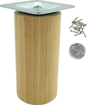 A single wooden furniture leg with a metal mounting plate, screws, and a felt pad, isolated on a white background.