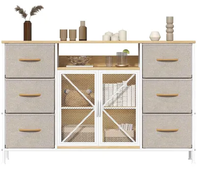 Image de Commode basse Zimilo avec 6 tiroirs en tissu et portes en treillis métallique, meuble multifonctionnel de rangement pour salon, chambre, dimensions : 120 x 30 x 75 cm