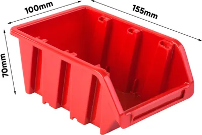 A red storage bin with dimensions indicated by text overlays.