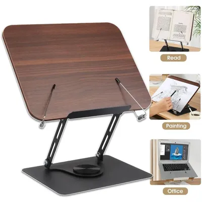 Obrázok produktu pre Držiak na knihy z dreva – nastaviteľný držiak – otočný o 360° – skladací – s elastickými bočnicami – vhodný pre notebook, časopisy, dokumenty a noty