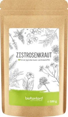 A brown paper pouch of Zistrosenkraut (Cistus Incanus) with a label featuring botanical illustrations and product information.