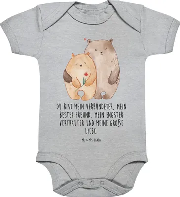Produktbild von Mr. & Mrs. Panda Strampler Baby Bären Liebe 1. - 3. Monat - Heather Grey - Geschenk, Freundin, Beziehung, Umarmen, Babybody, babykleidung body, kurzarm, Bär, Blume