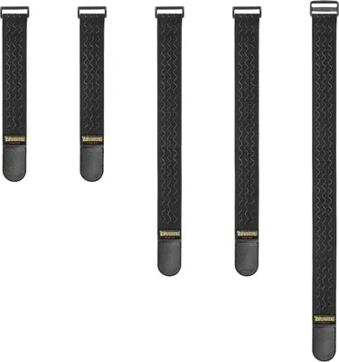 Five black straps of varying lengths are laid out vertically against a white background.