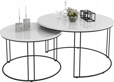 Zdjęcie produktu dla Zestaw Okrągłych Stolików Kawowych 2w1 Salon Loft Czarny+Biały Połysk