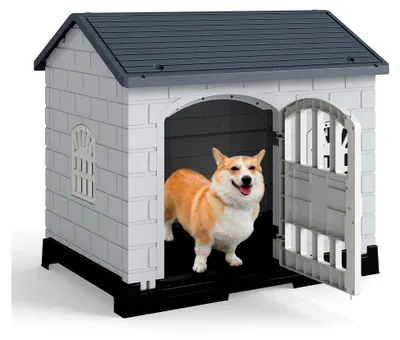 Produktbild von Hundehütte für den Außenbereich, wetterfestes Hundehaus mit Tür, 3 Fenstern, herausnehmbarem Boden und Satteldach, Haustierhaus für kleine und mittelgroße Hunde sowie Katzen, Hundekäfig für den Innenbereich, 75 x 57 x 68 cm (Grau)