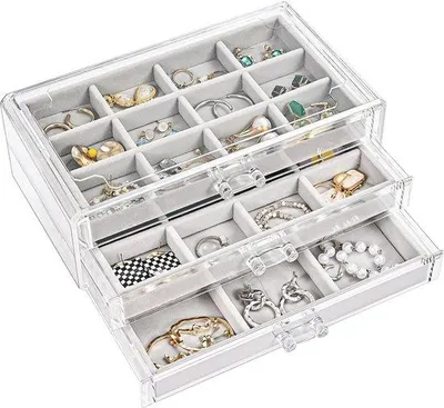 Produktbild von Famanu Schmuck Organizer Transparente Schmuckaufbewahrung mit 3 Schubladen für Ohrringe, Ringe, Armbänder - Grau