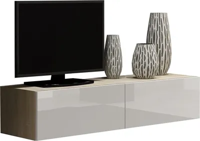 Obrázek produktu pro Nábytek24 TV skříňka Vigo délka 140 cm, nástěnná skříňka, nástěnná skříňka, TV stolek se 2 výklopnými dvířky, nízká deska, bezúchytkové otevírání, "push to open" dub Sonoma / bílý vysoký lesk