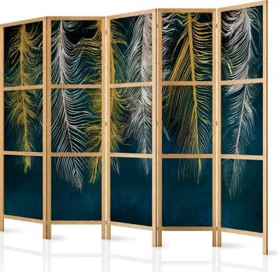 Produktbild von Paravent XXL Feder Textur Abstrakt 225x171 cm 5-teilig einseitig eleganter Sichtschutz Raumteiler Trennwand Raumtrenner Holz Design Motiv Deko Home Office beige gold dunkelblau b-A-10061-z-a