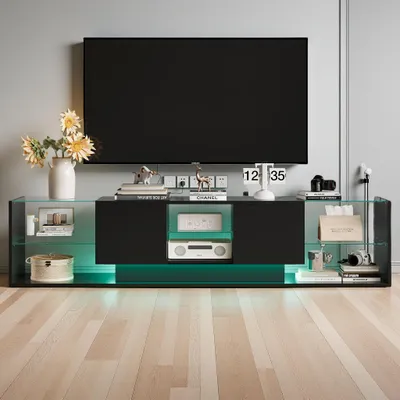 Produktbild von ProximaX 200cm TV-Schrank mit RGB LED-Beleuchtung, Griffloses Design Fernsehtisch, Lowboard mit Glasregalen, Moderner Wohnzimmerschrank, Schwarz