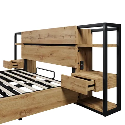 Produktbild von Flieks Hydraulisches Stauraumbett Jugendbett 160x200cm mit Usb & Type C, Doppelbett Holzbett mit Schubladen & Ablagen, Schlafzimmerset Naturbelassen