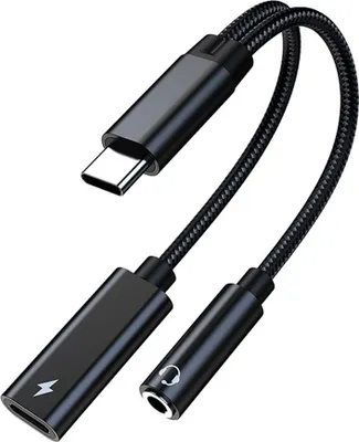 USB-C-auf-3,5-mm-Kopfhörer- und Ladeadapter, 2-in-1-USB-C-PD-3.0-Ladeanschluss mit Aux-Audiobuchse und Schnellladekabel,black