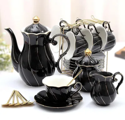 Image de service à thé en porcelaine de 22 pièces style britannique bord doré Ensemble glamour