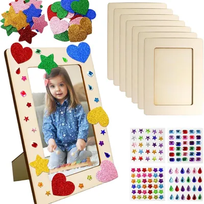 Imagen del producto de Marco de fotos de madera para decorar y pintar, ideal para fotos de 10 x 15 cm. Kit de manualidades para niños, con pegatinas brillantes. Un proyecto creativo para hacer tú mismo