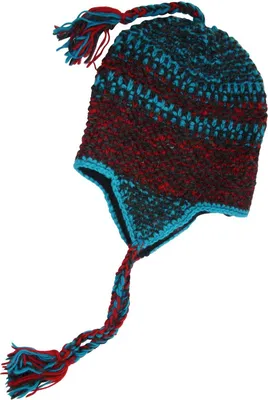 Produktbild von Wollmütze - Strickmütze - Kordeln und Ohrenklappen - blau-rot