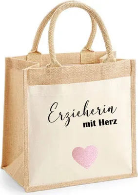 Produktbild von Jute Tasche Erzieherin mit Herz bedruckt, Jutetasche M 30x30, Geschenk Dankeschön Kita Kindergarten